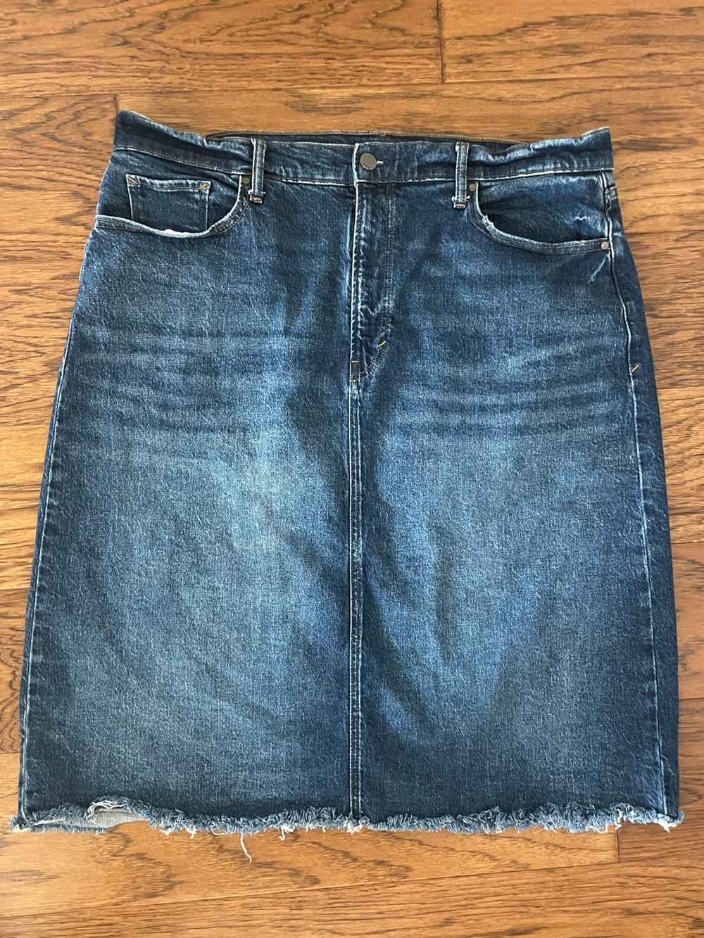 a.n.a Dark Blue Denim Midi Skirt with Frayed Hem